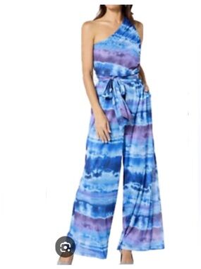 One-Shoulder Jumpsuit - Watercolors Blue Tie-Dye, ** No Belt ** Size M